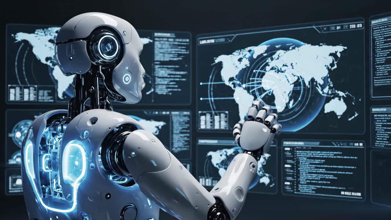 Robot Analyzing Global Data on Multiple Screens