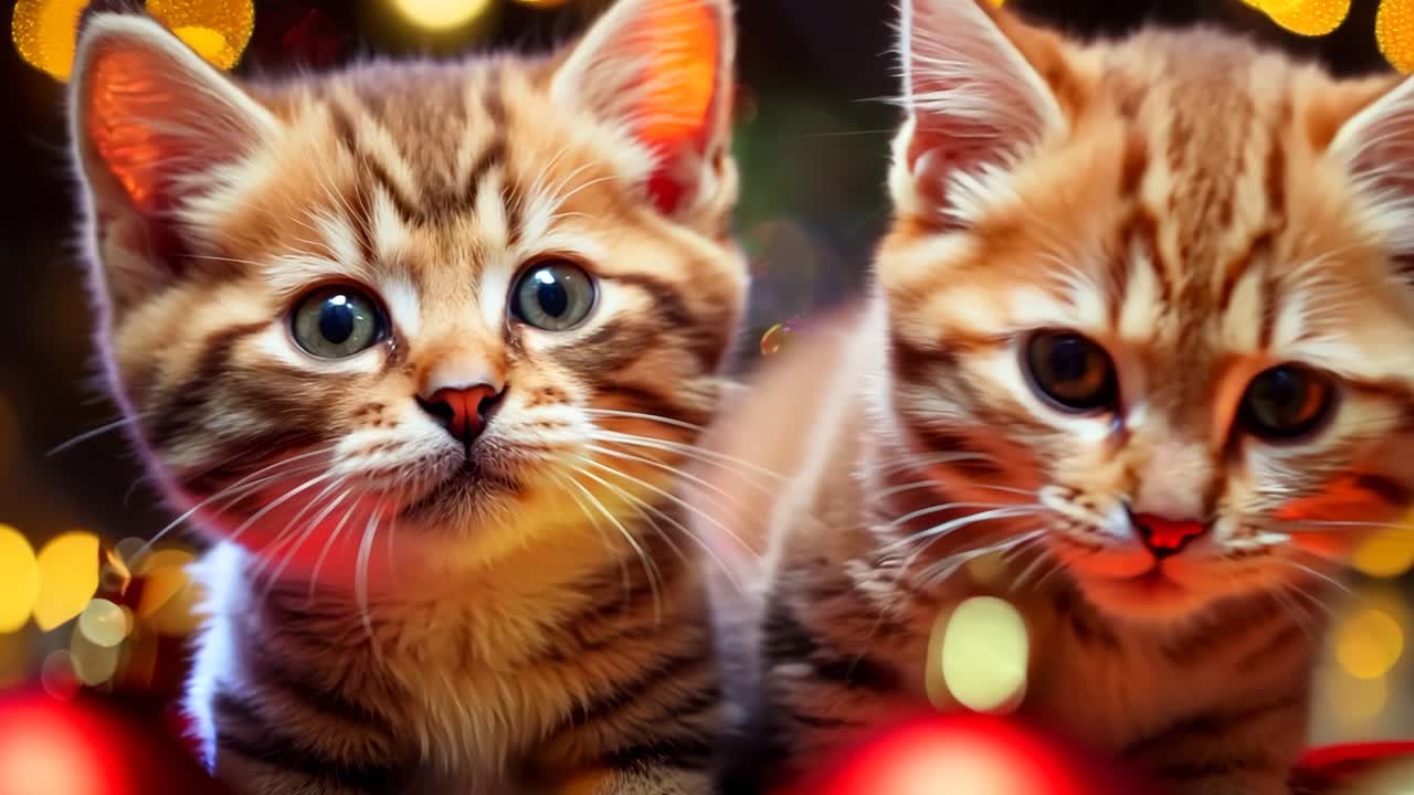 Due gattini seduti uno accanto all'altro accanto a decorazioni natalizie.