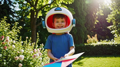 child astronaut launches paper plane in a sunny garden