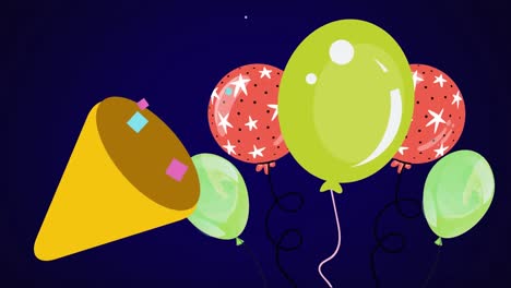 Animation-Von-Bunten-Luftballons-Und-Konfetti-Mais-Auf-Dunklem-Hintergrund
