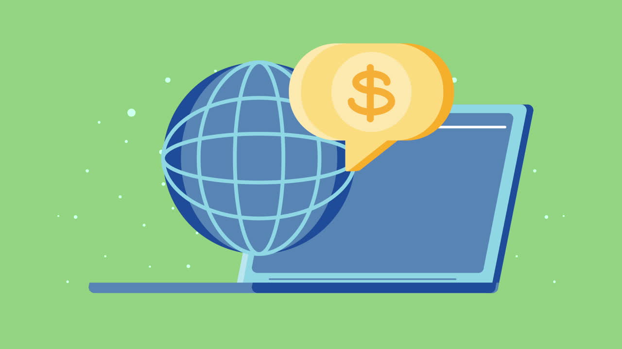 노트북과 구를 가진 전자 상거래 애니메이션