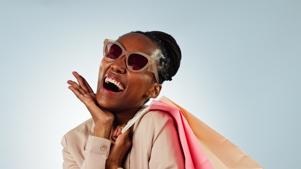 Happy black woman, face and shopping bag