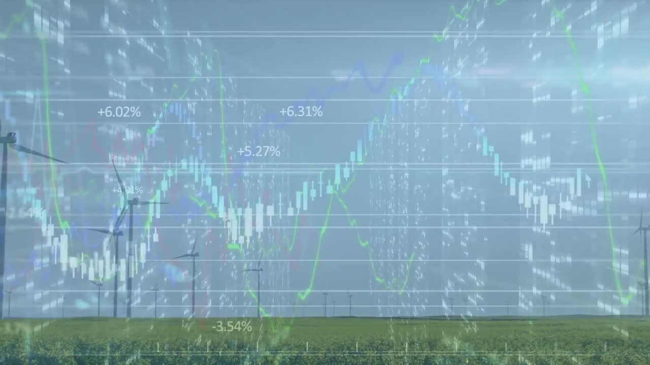 ⁇ 은 하늘을 배경으로 초록색 필드에서 회전하는 풍차 위의 그래프와 숫자의 애니메이션