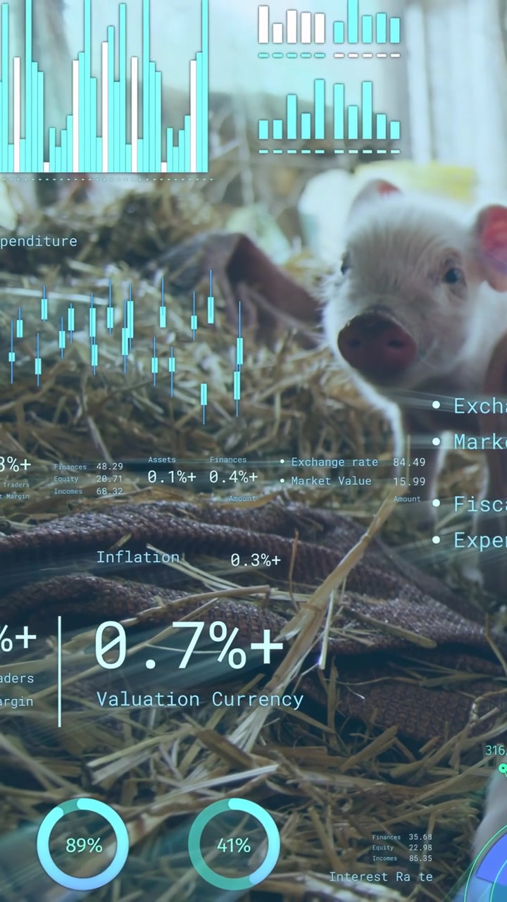 Vertikal video: HUD aktiveres, mens en pattegris drejer hovedet og kigger, og diagrammer opdateres med markedsdata.