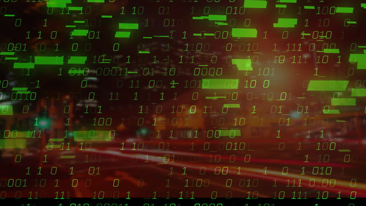 Animation of binary code with green data blocks overlaying cityscape at night