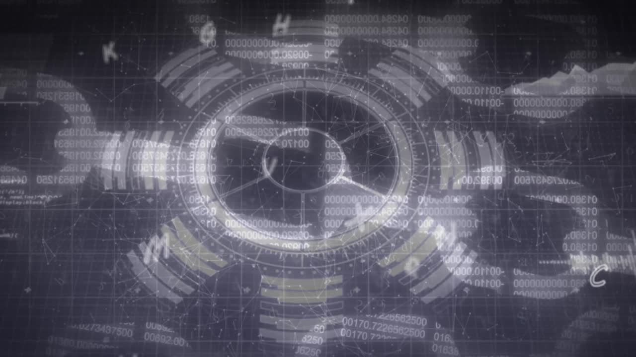 검은색 배경에 과학 데이터 처리에 대한 떠다니는 글자의 애니메이션