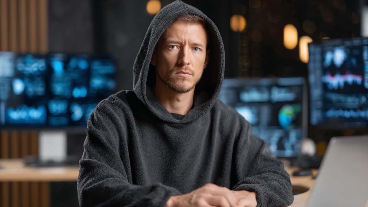 A Focused Individual in a Dark Hooded Garment Contemplating Data Insights Amidst Multiple Monitors in a Modern Tech Environment