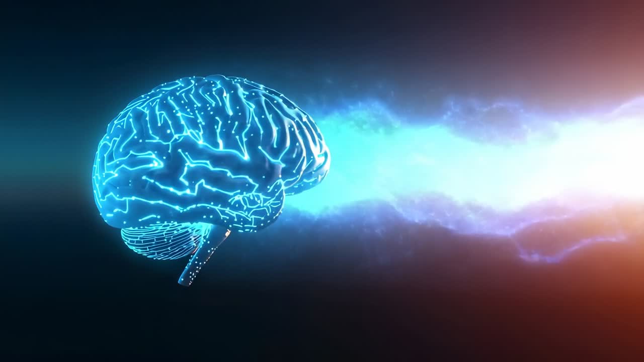 Flare appearing sending energy beam toward holographic brain in virtual void, energizing circuits