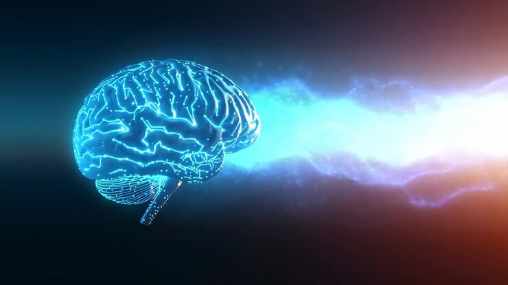 Bagliore che crea un raggio di energia verso un cervello olografico nel vuoto virtuale, alimentando i circuiti
