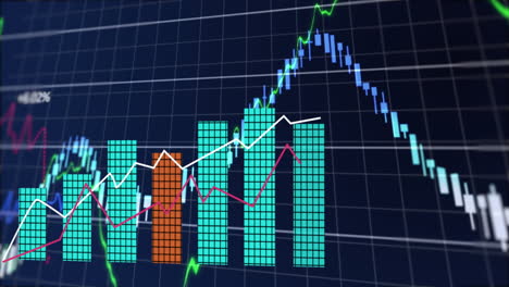 animación de gráficos con números cambiantes contra un fondo abstracto.