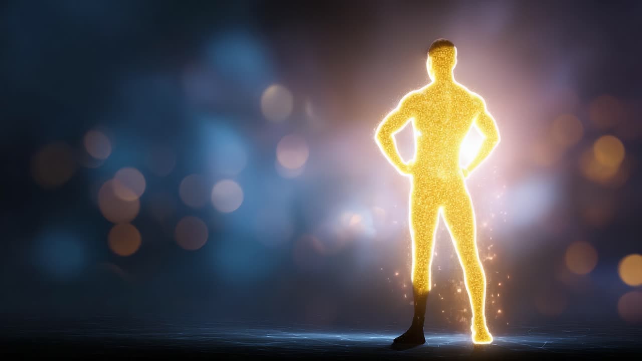 Uma silhueta brilhante que simboliza força, confiança e transformação contra um plano de fundo vibrante de luz e efeitos bokeh coloridos