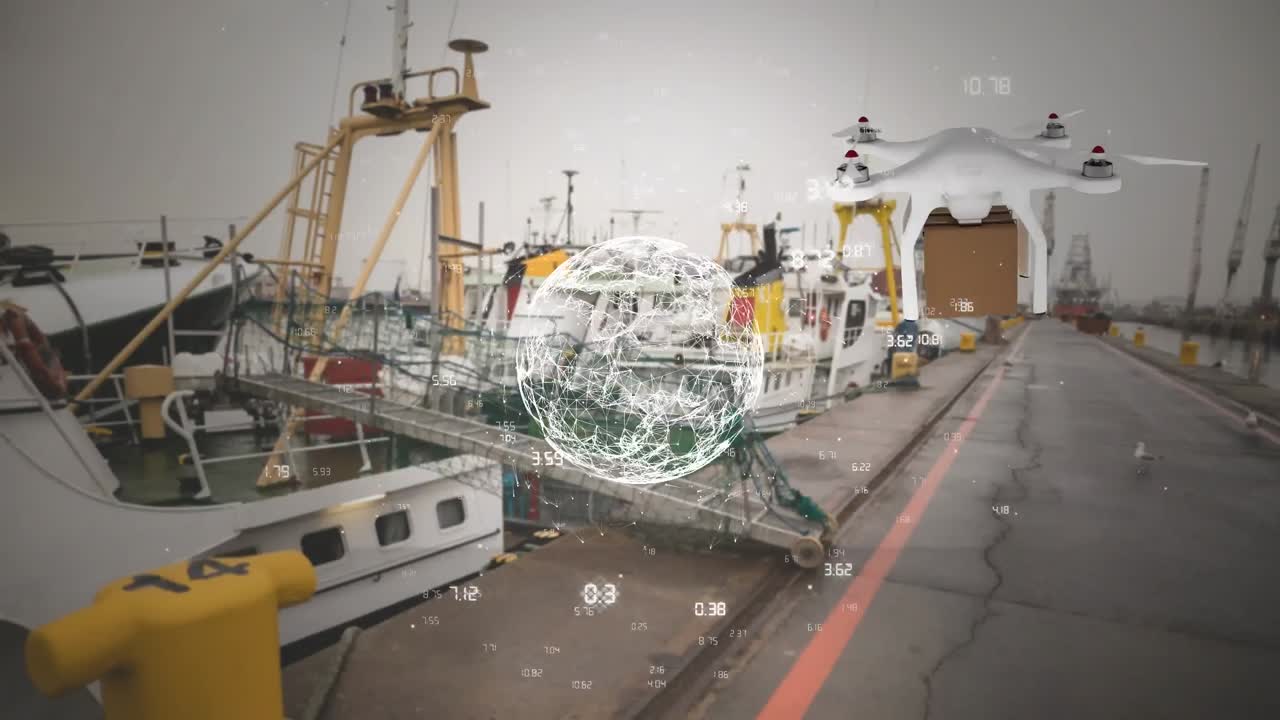 animación de la red de conexiones a través de drones con paquetes a través de astilleros