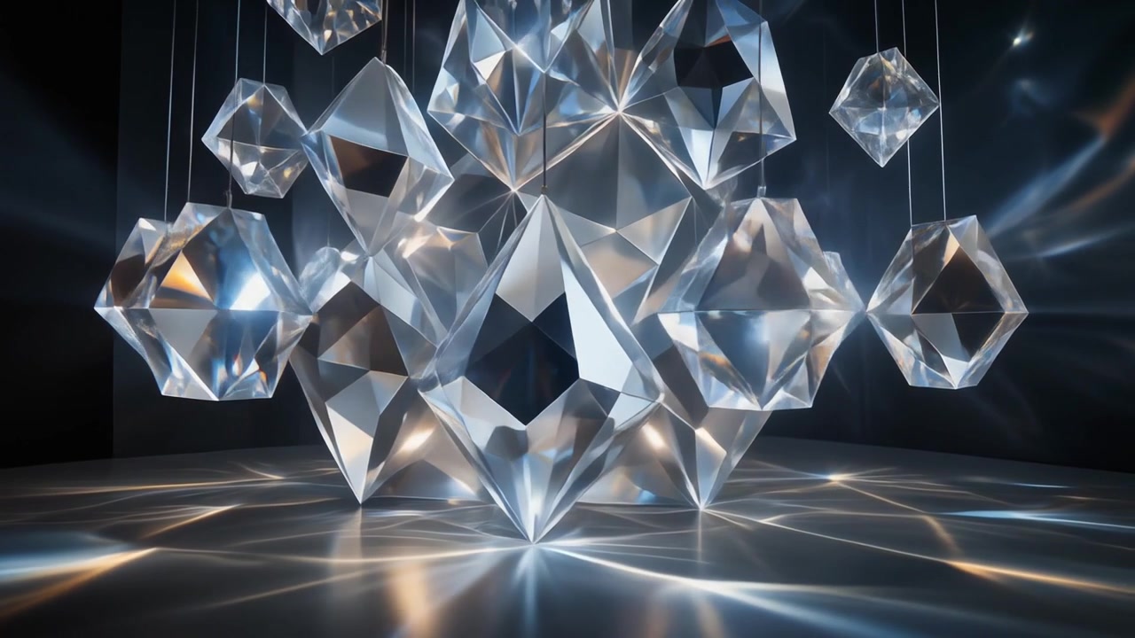 Prismi di cristallo geometrici astratti sospesi che riflettono la luce in uno spazio buio.