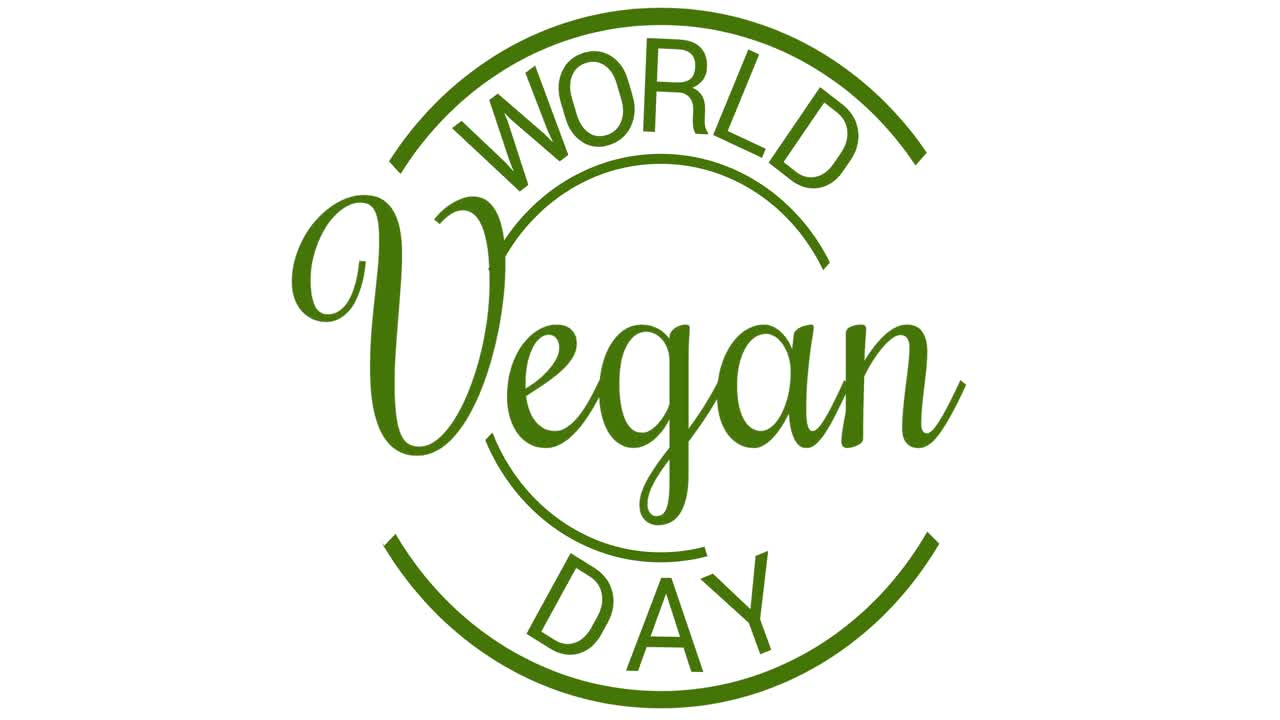 Animation des Textes "Weltvegantag" in einem grünen Kreis, auf weißem Hintergrund.