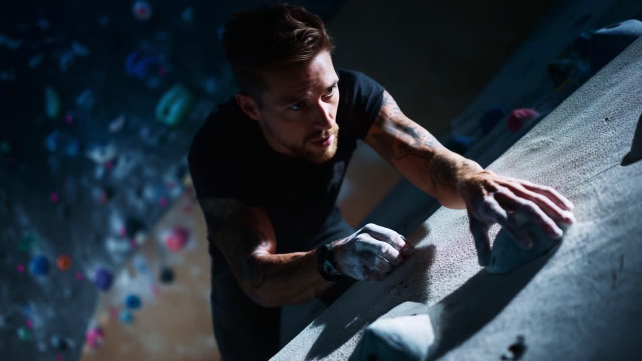 Intense Climbing Journey: A Determined Climber Conquering Challenging Routes with Precision and Strength in an Indoor Bouldering Gym Under Vibrant Colored Holds