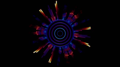 virtual circular equalizer. vertical columns of squares in the blue-red laser spectrum, dynamic pixel vibrations for a nightclub or show.