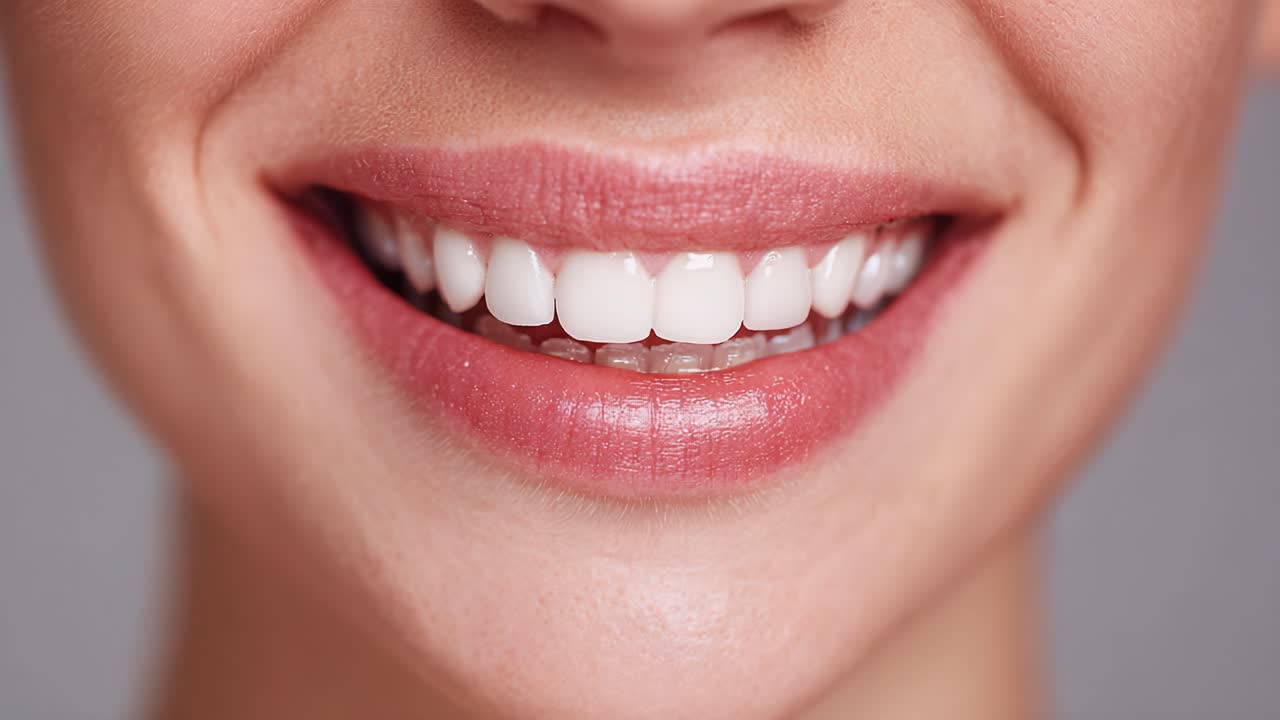 Radiant Smile: Close-up of a Bright and Healthy Smile Showcasing Well-Cared-For Teeth and Gleaming Lips in a Neutral Background, Perfect for Dental Health Promotion