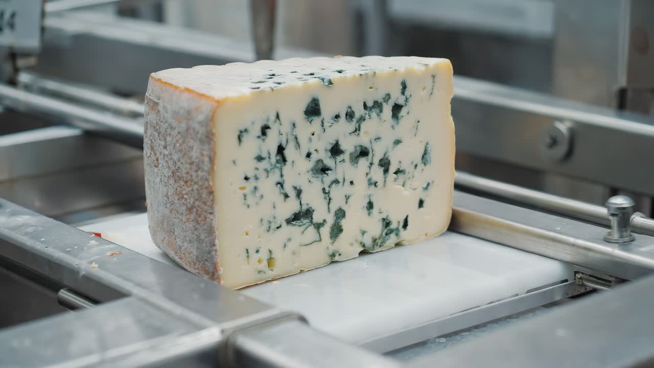 Close-up of a delicious blue cheese on a conveyor belt