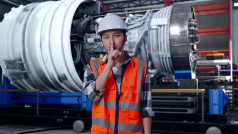 asian male engineer with safety helmet making shh gesture while standing with airplane engine maintenance conducted, analytics checking the turbine
