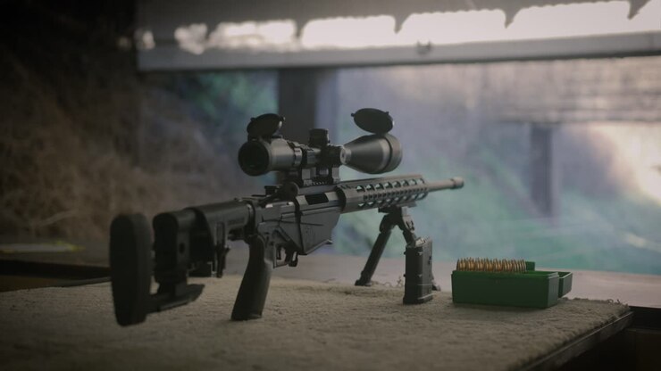 Precision rifle with scope magazine and ammo box ready for shooting training