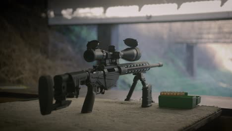 precision rifle with scope magazine and ammo box ready for shooting training