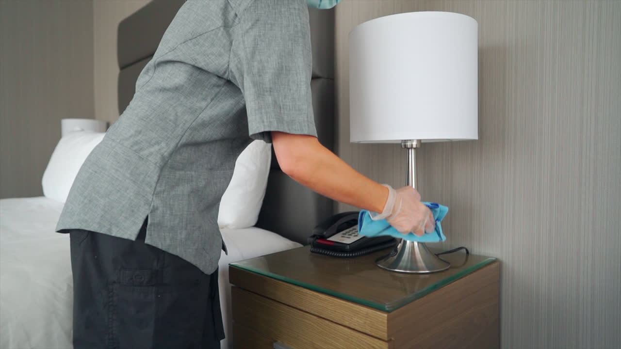 The maid efficiently goes about her tasks, tidying up the hotel room with precision and care, by wiping and cleaning everything in a hotel room