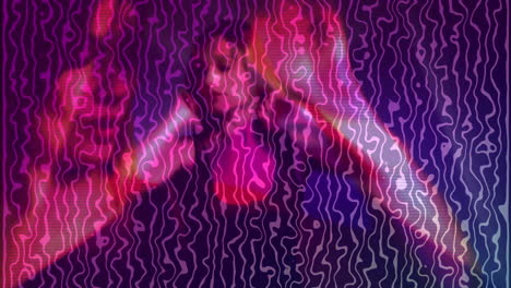dancing with colorful animation patterns and vibrant lighting effects in background