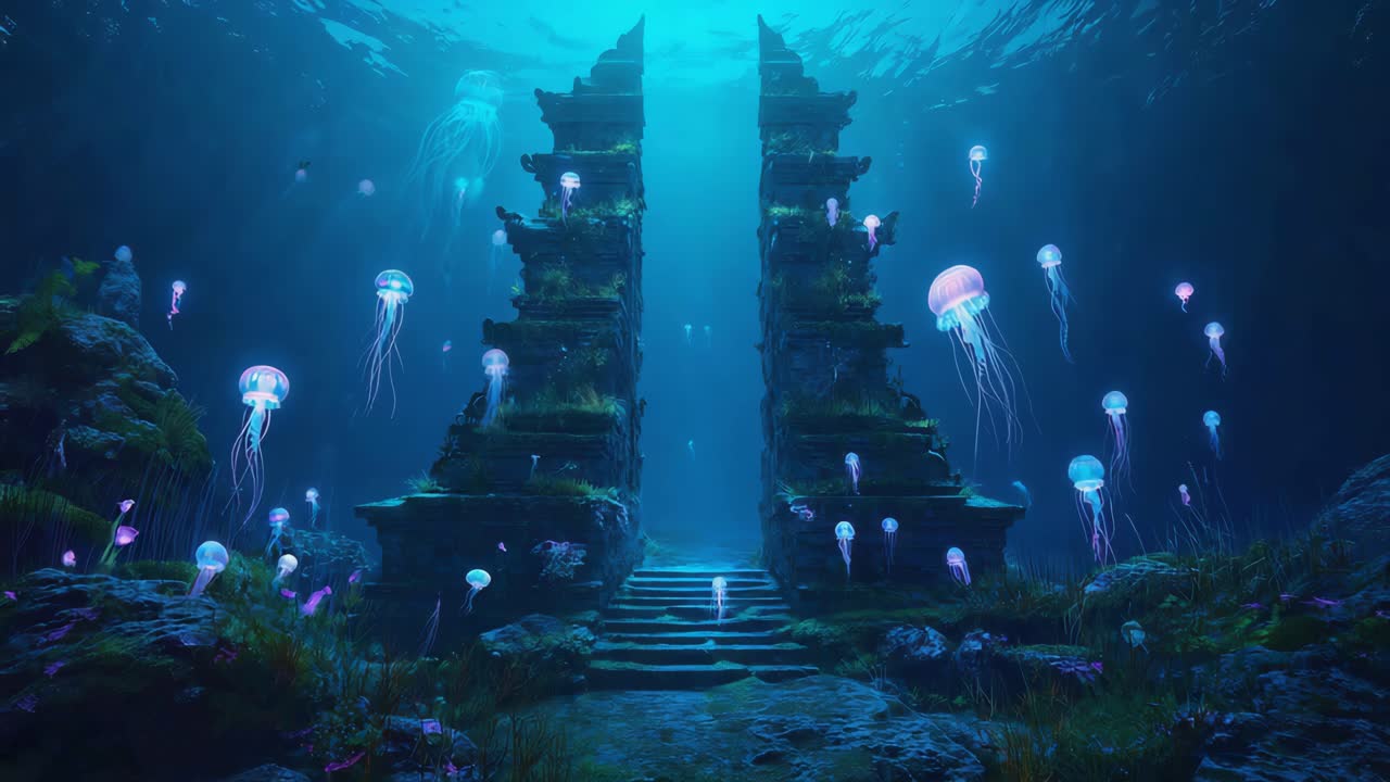 Mystical Underwater Ruins with Glowing Jellyfish