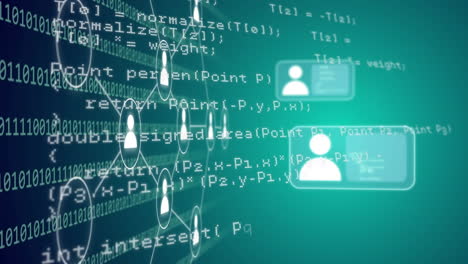 animación de iconos digitales y procesamiento de datos de codificación binaria sobre fondo verde.