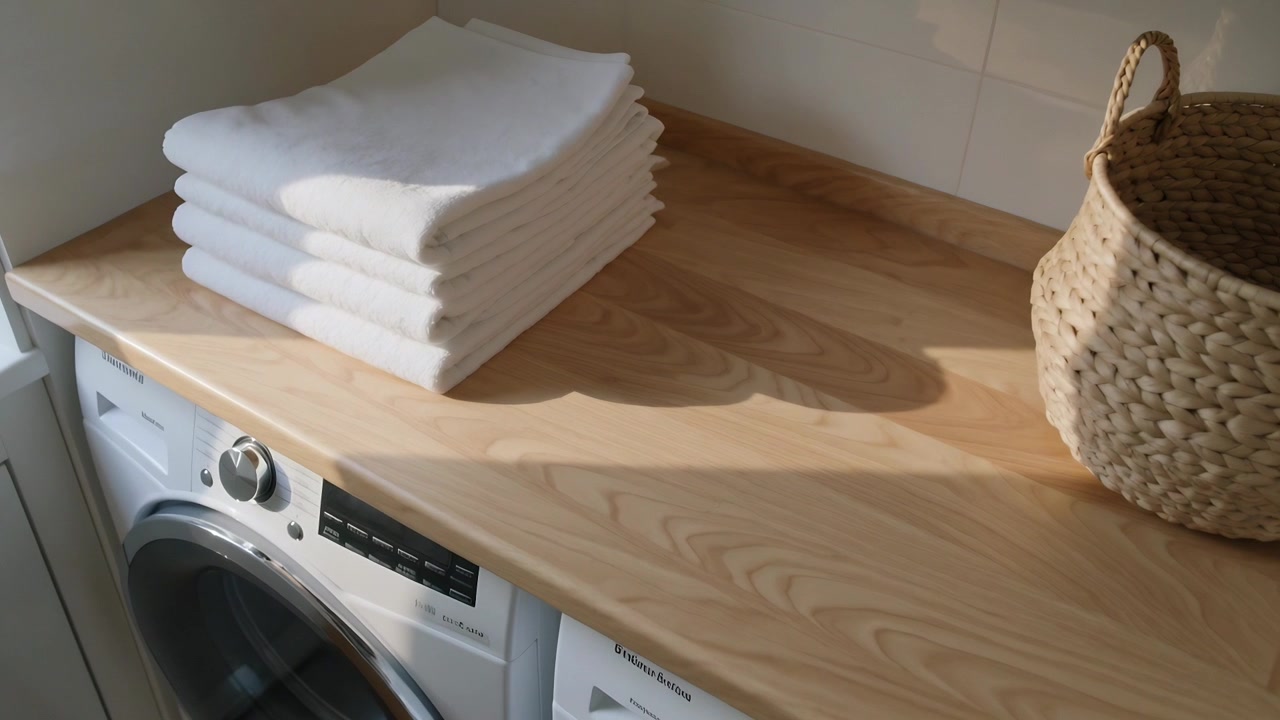 Showing stacked white towels on wooden laundry counter, sunlight shifting and camera panning