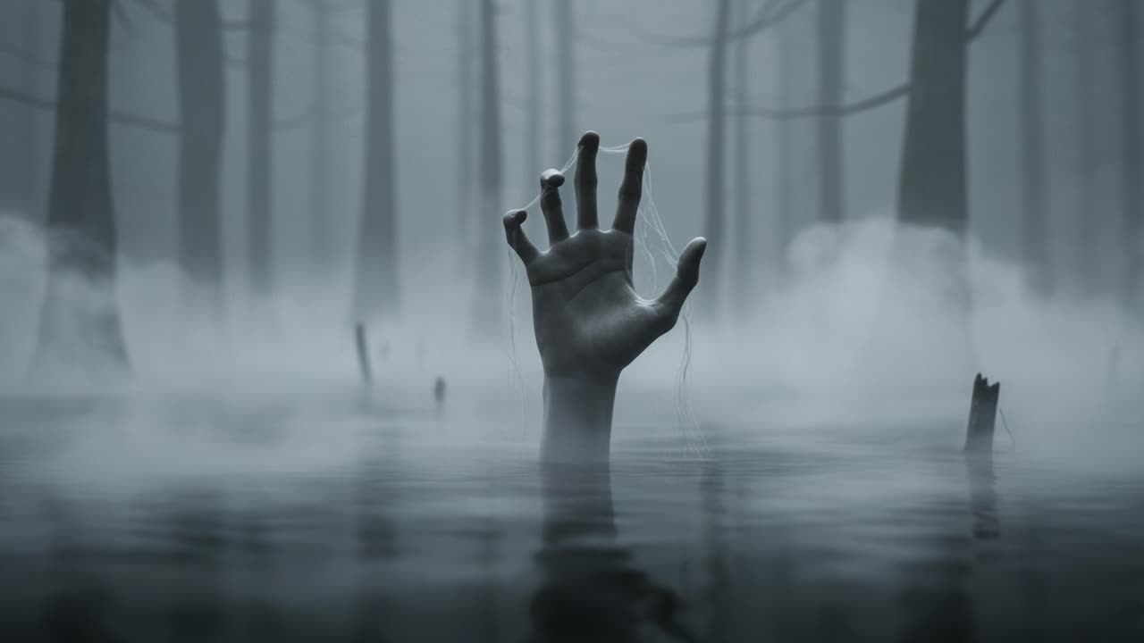 A Striking Visual of a Hand Emerges from a Murky Swamp, Surrounded by Eerie Fog and Shadowy Trees, Evoking a Haunting Atmosphere of Mystery and Isolation