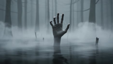 a striking visual of a hand emerges from a murky swamp, surrounded by eerie fog and shadowy trees, evoking a haunting atmosphere of mystery and isolation
