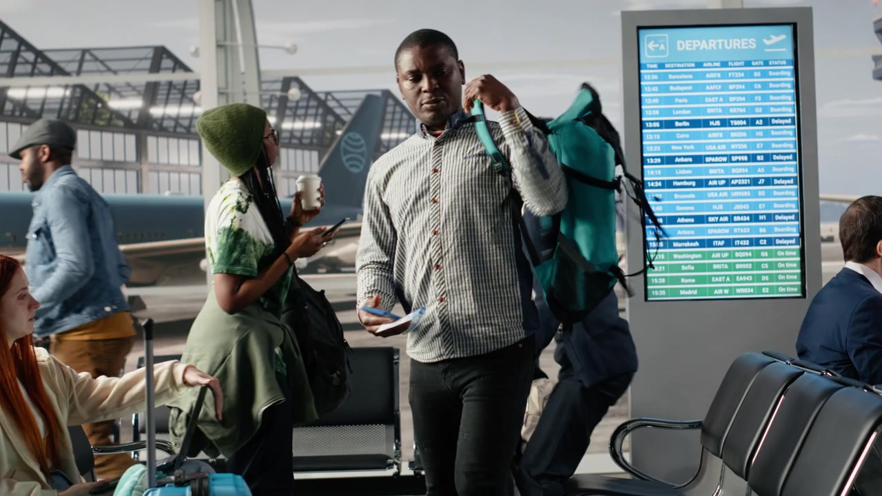 Tourists in airport hub looking at departure board timetable, going to boarding gate