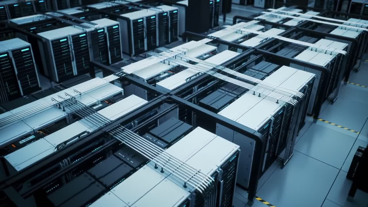 High-Tech Data Center: An Aerial View of Rows of Servers with Intricate Cabling and Efficient Layout in a Modern Computing Environment