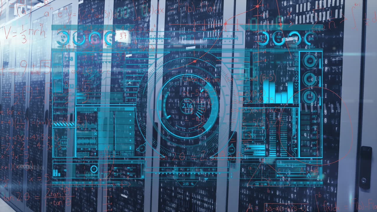 Animation of interface with data processing against computer server room
