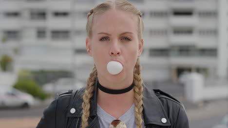 retrato mujer rubia joven atractiva soplando chicle mirando relajada disfrutando de un soleado día urbano con una elegante chaqueta de cuero mujer independiente en la ciudad en cámara lenta