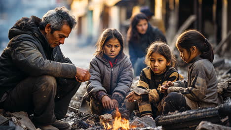 community gathering around fire in a devastated urban area