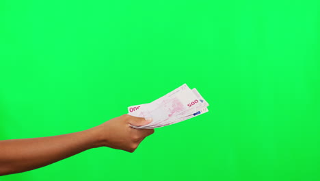 Giving,-money-and-person-hand-on-green-screen