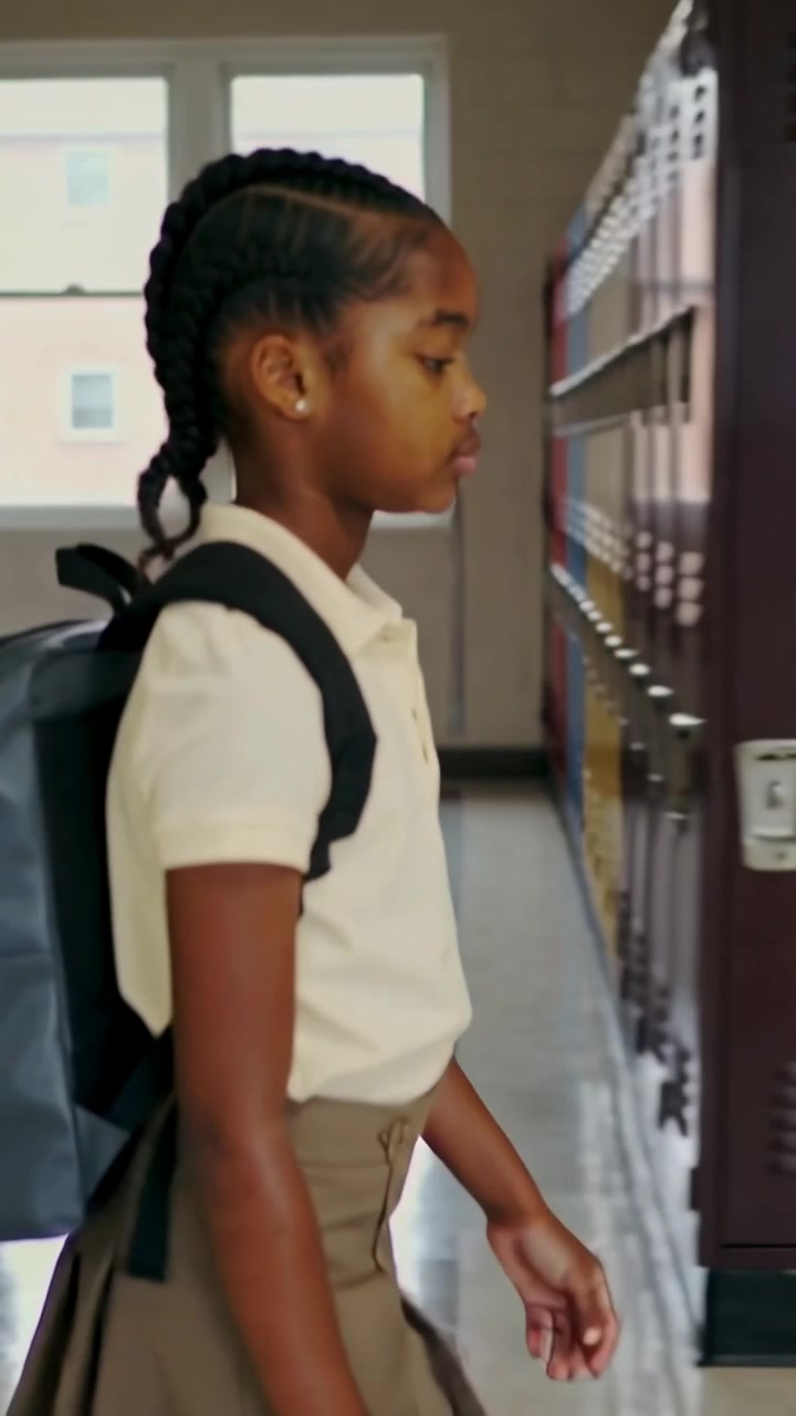 Vertical video: Walking school student in uniform passing lockers, with backpack, heading to class