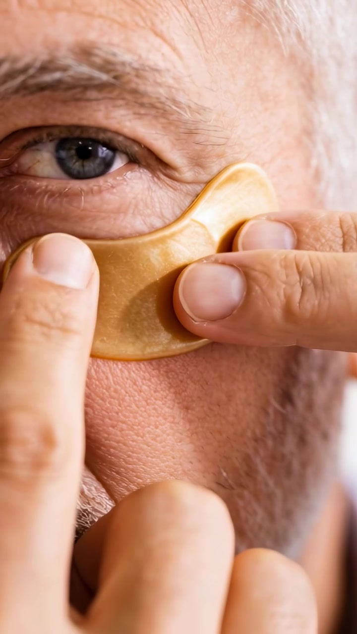 Video verticale: Uomo anziano che tiene una maschera dorata e la posiziona e leviga sotto l'occhio a casa per la cura degli occhi.