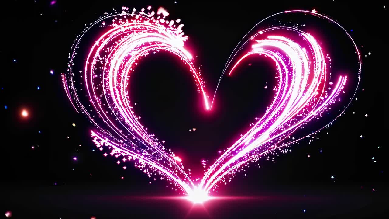 A dynamic video concept with a glowing heart shape formed by light trails on a black background