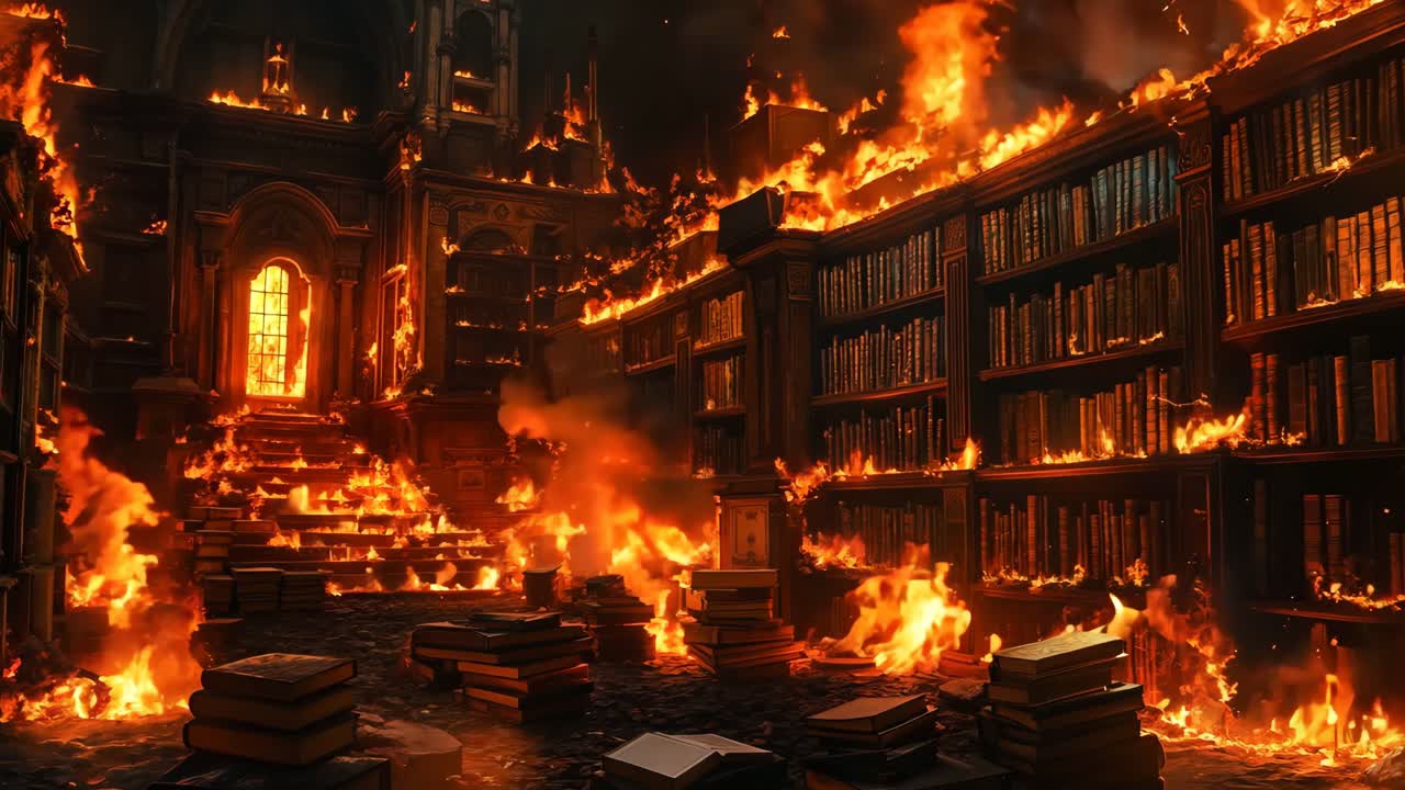 불타는 책들로 가득 찬 도서관