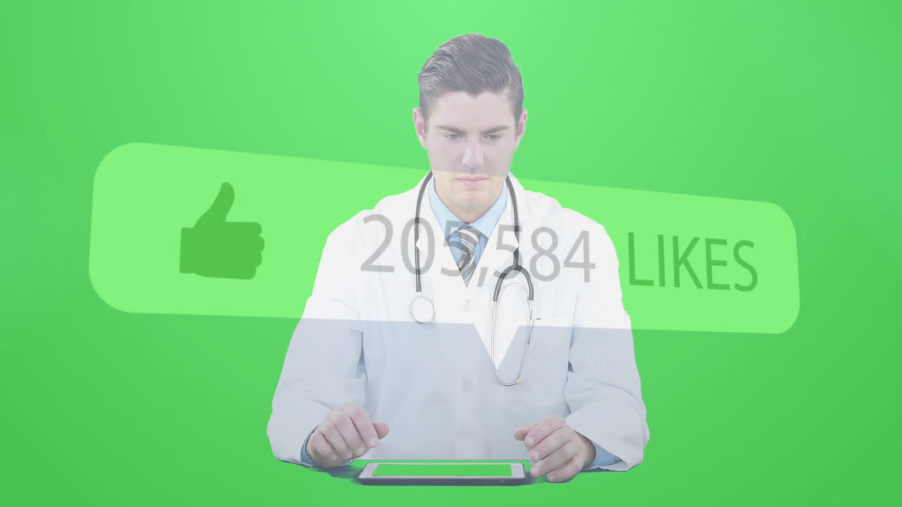 Doctor interacting with animation of digital likes counter over green background