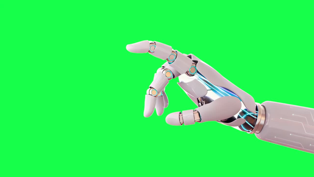 Futuristic robotic hand gesture animation, transparent 4K video, green screen