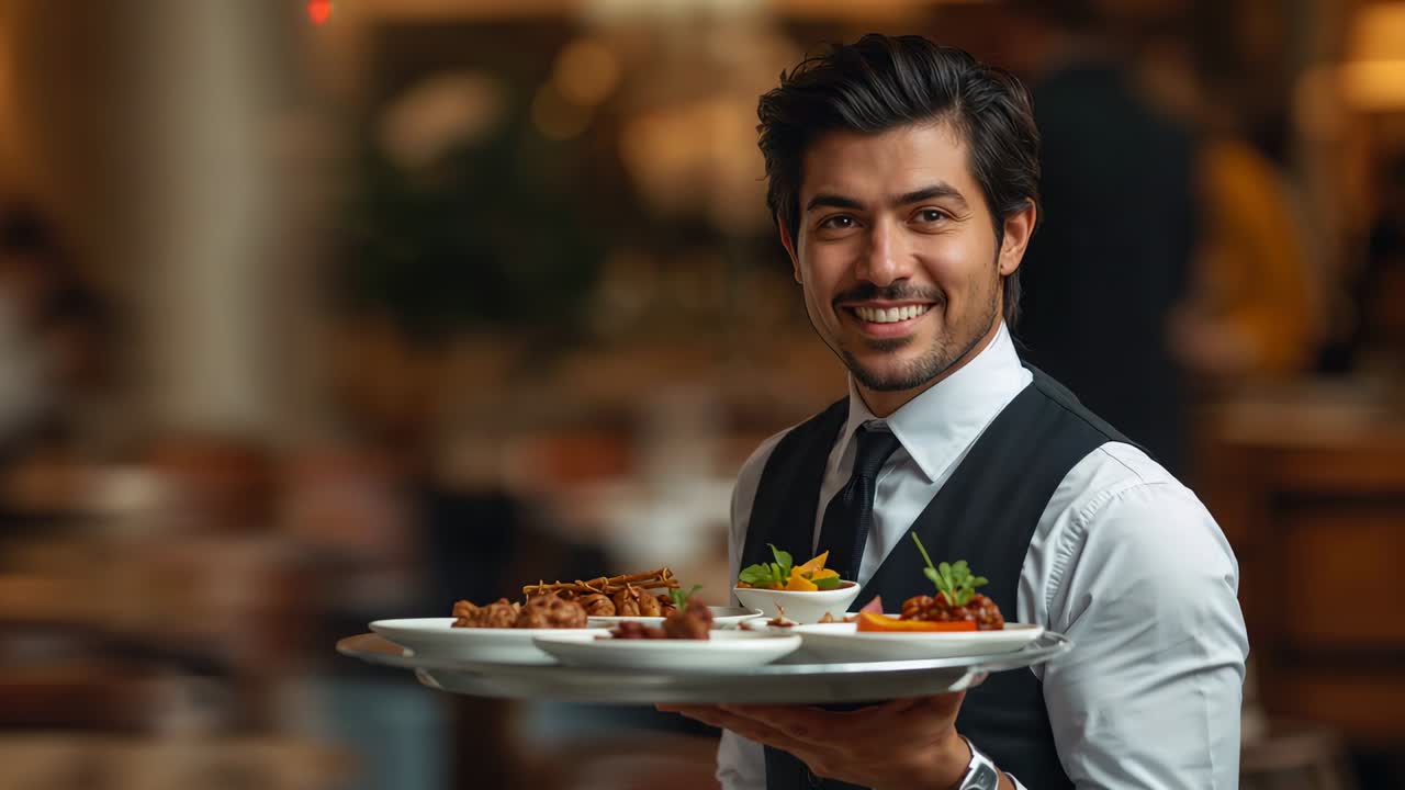 Walking server in black vest carrying metal tray through eatery after orders ready, serving guests