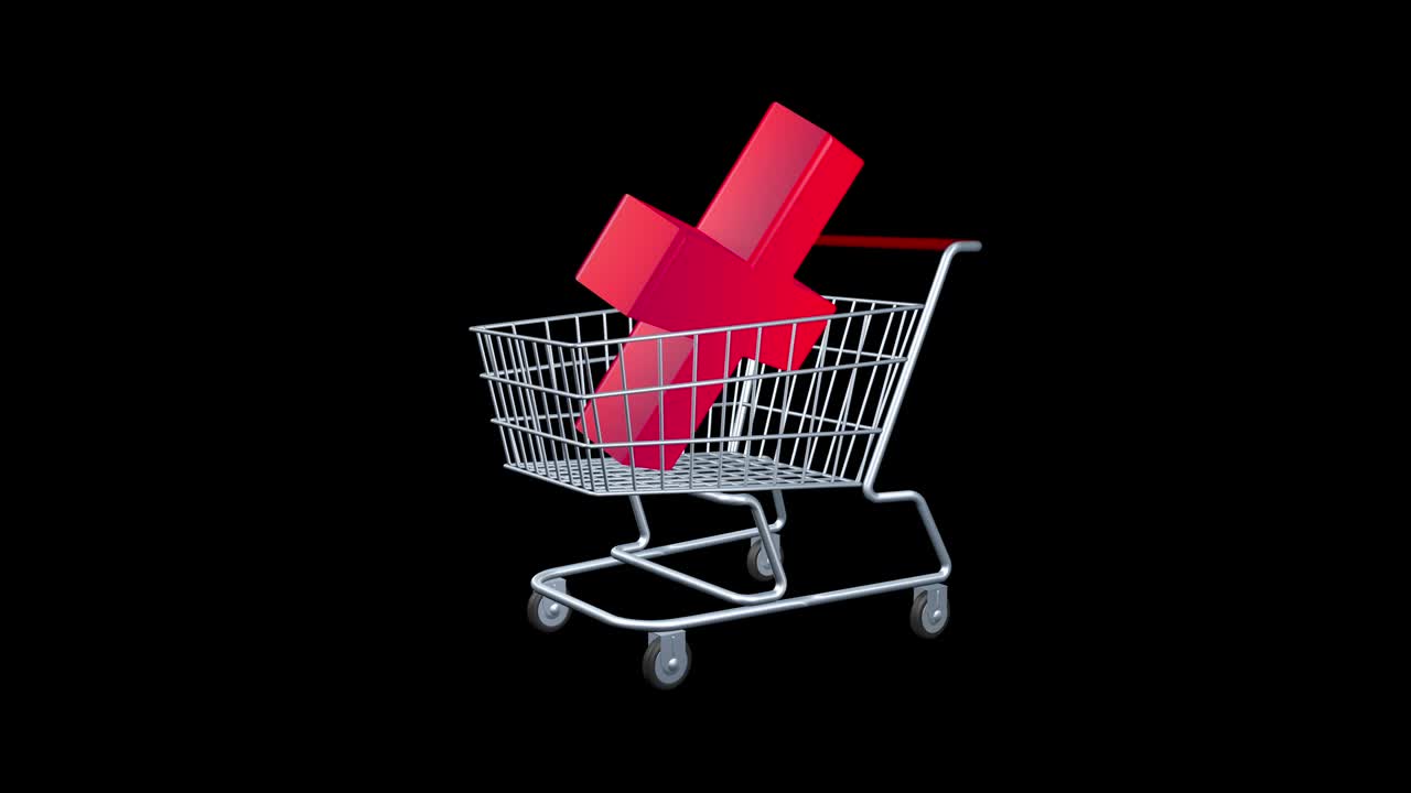 자연적으로 유익한 약물이나 치료법을 구매하거나 판매하는 개념 - 식료품 쇼핑 카트에 약초의 표지판이 놓여 있습니다 - 원활한 3d 애니메이션을 렌더링합니다.