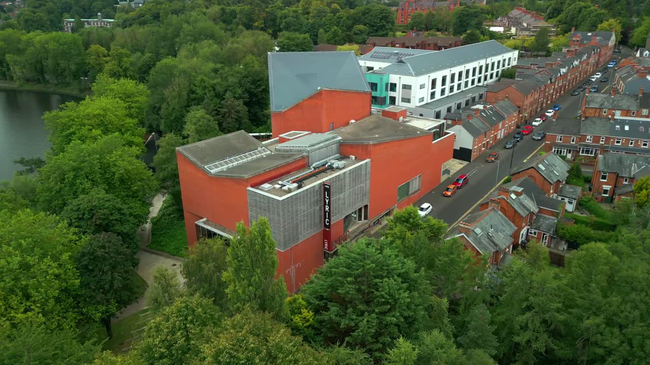 Front-on advancing aerial video of the Lyric Theatre in South Belfast, Northern Ireland in the UK. Filmed in 4K, 60FPS and with Rec709 color