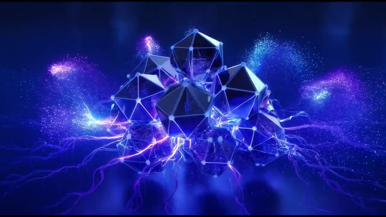 Forme geometriche astratte con energia elettrica luminosa e particelle