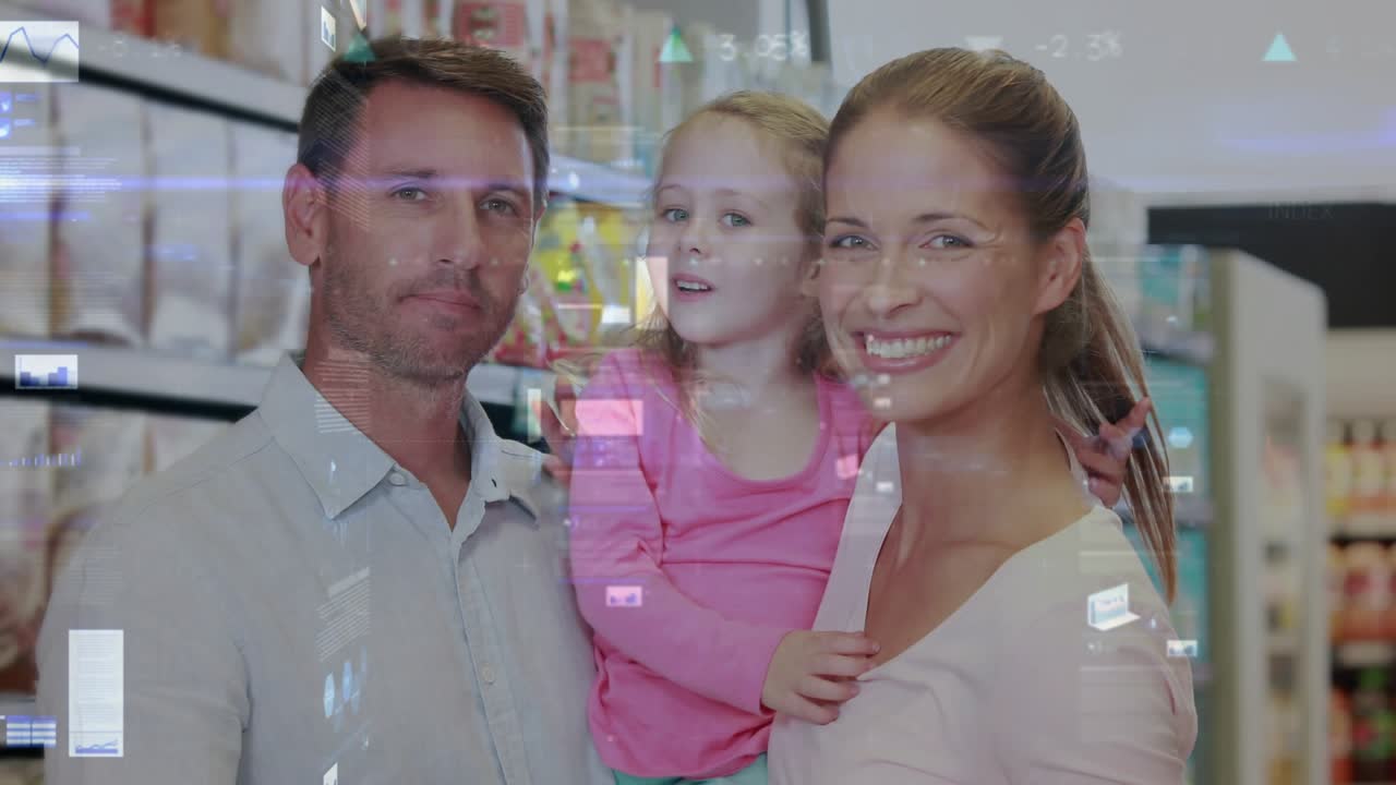Family posing in grocery aisle, responding to camera, holding child and waving, HUD drifting over