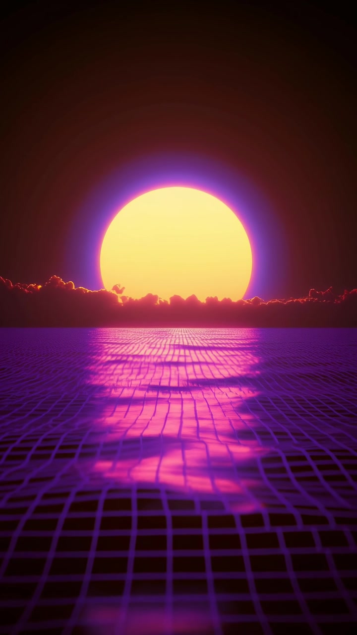 Tramonto synthwave vibrante con riflesso a griglia